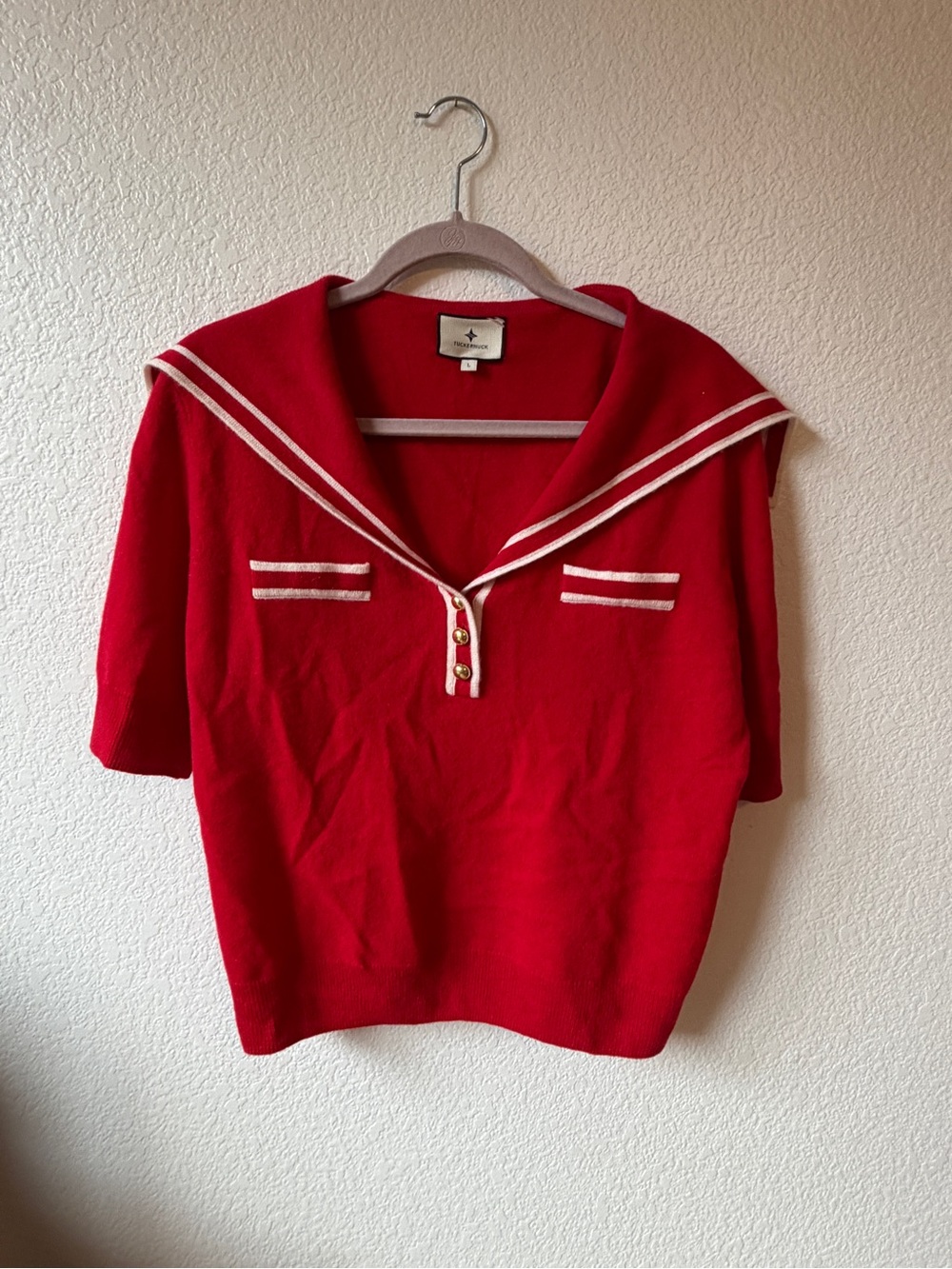 Tuckernuck Red Sailor-Collar Short-Sleeve Sweater with Cream Trim